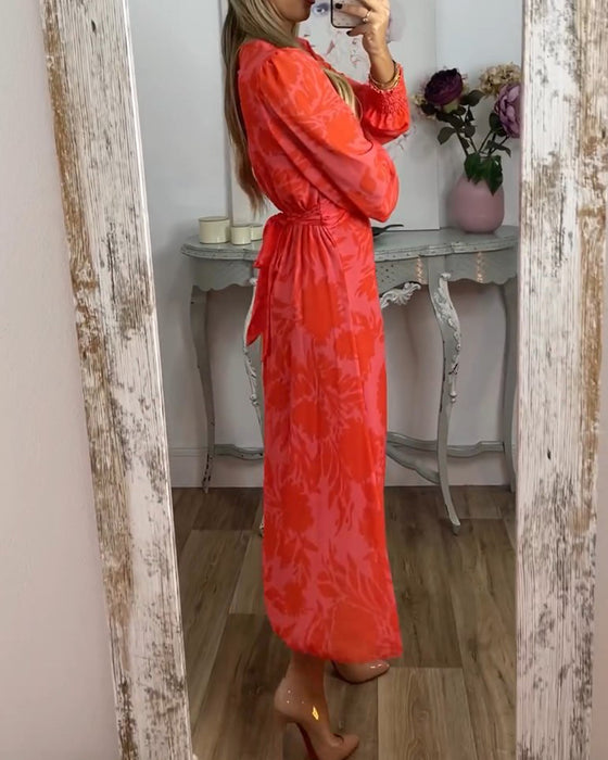 V-neck waist-cinching printed dress