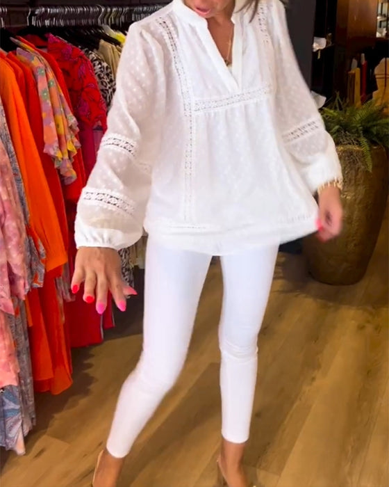 V-neck lace panel long-sleeved top