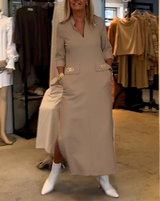 Solid color 3/4 sleeve slit dress