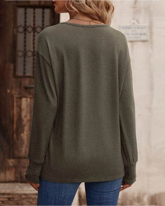 Solid color v neck button long sleeve top