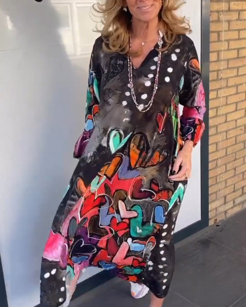 V neck heart print long sleeve dress
