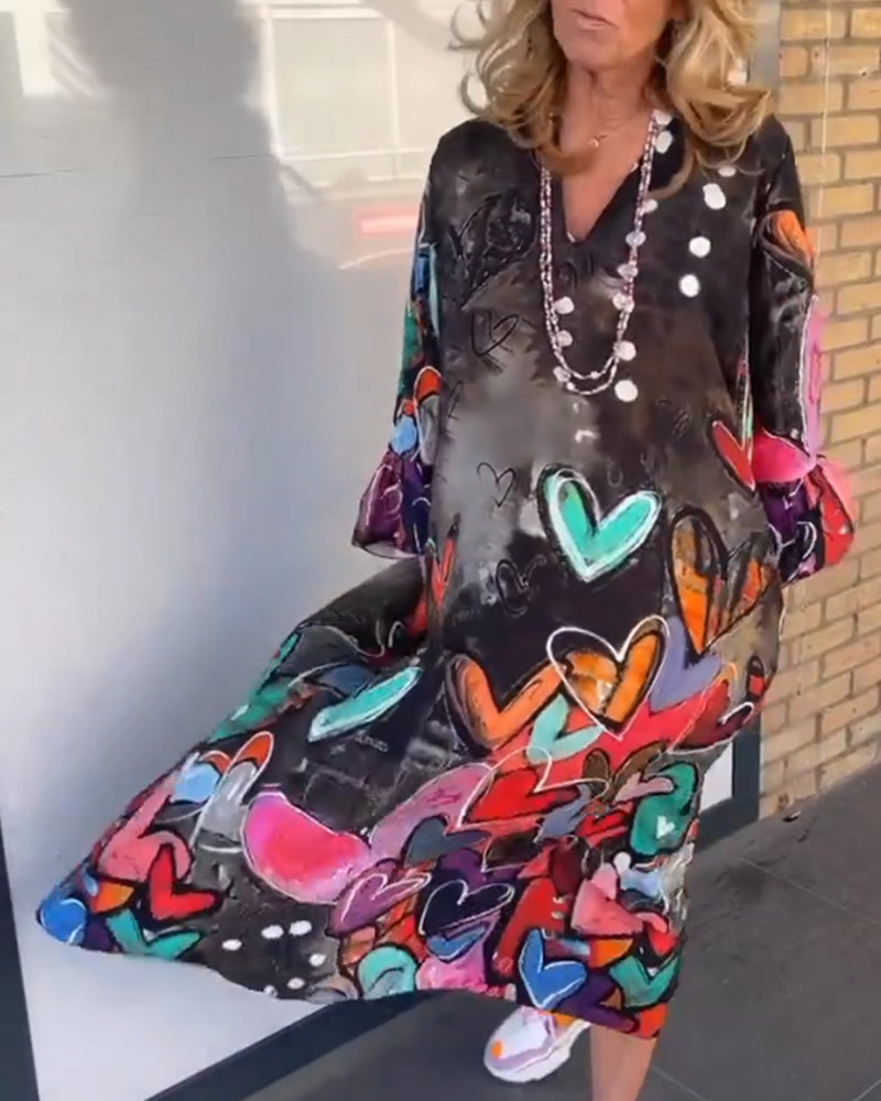 V neck heart print long sleeve dress