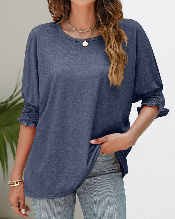 Round neck pleat half-sleeve top