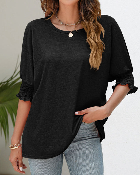 Round neck pleat half-sleeve top