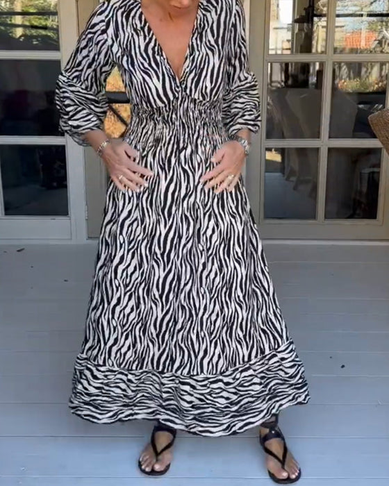 V-neck Striped Print Dress