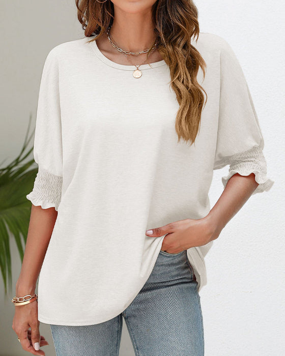 Round neck pleat half-sleeve top