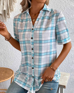 Plaid-print lapel collar blouse