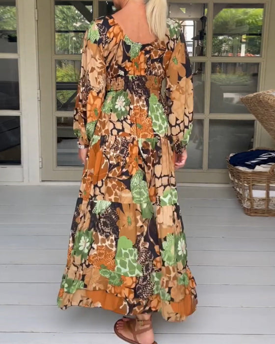 V neck long sleeve print dress