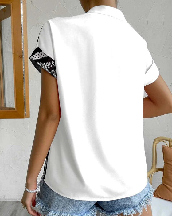 Paneled floral print button short sleeve blouse