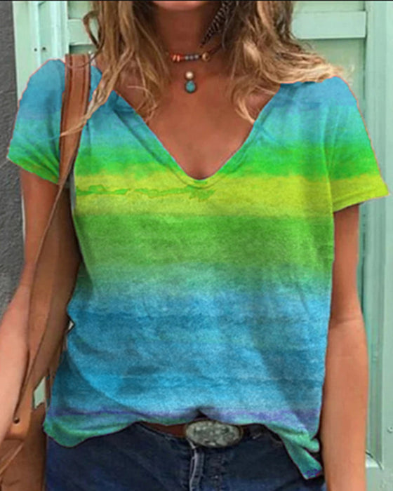 Casual v-neck rainbow print short-sleeved t-shirt