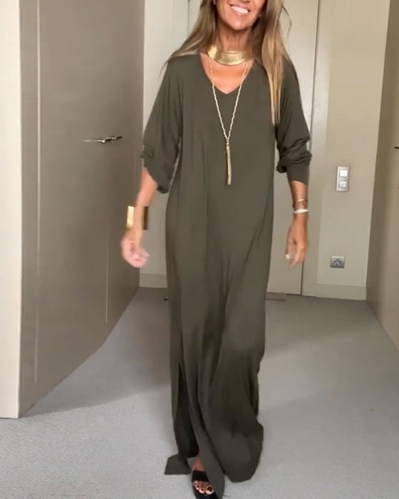 Casual solid color v-neck dress