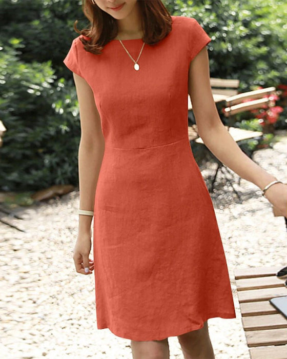 Cotton and linen solid color  short-sleeved dress