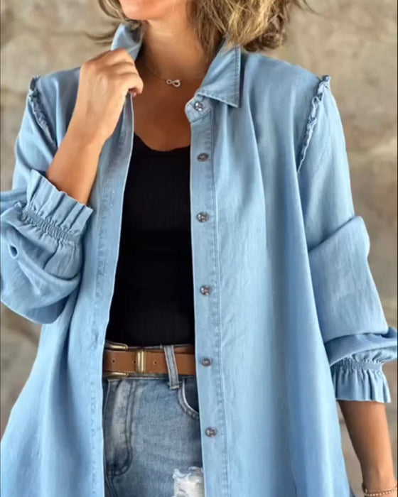 Solid Color Denim Long Sleeve Top