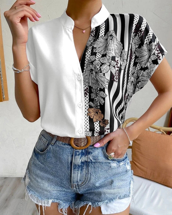 Paneled floral print button short sleeve blouse