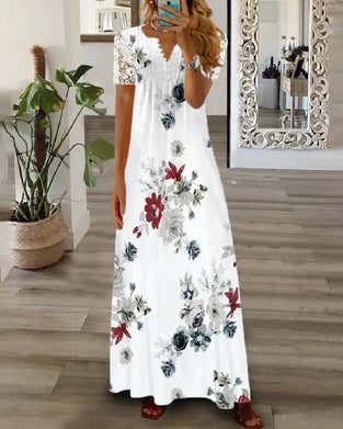 Floral print lace short sleeve long dress