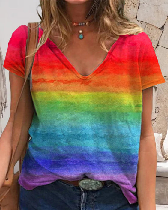 Casual v-neck rainbow print short-sleeved t-shirt