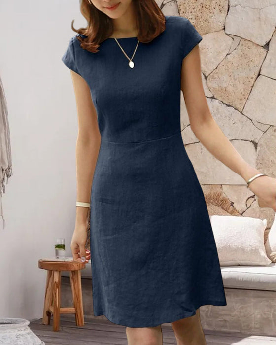 Cotton and linen solid color  short-sleeved dress