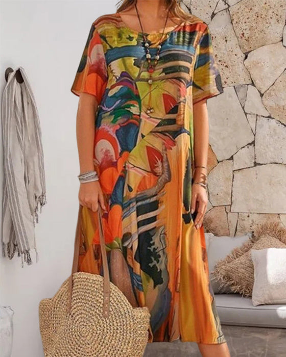 Round Neck Shift Dress in Geometric Print