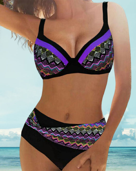 Striped print high waist push up bikini