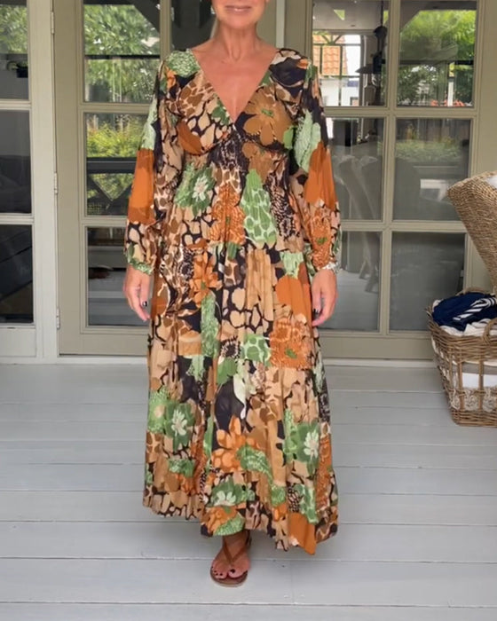 V neck long sleeve print dress