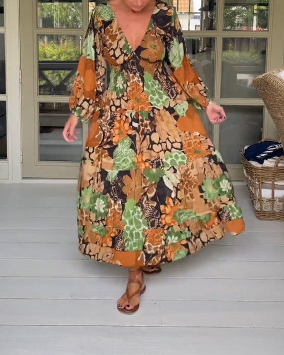 V neck long sleeve print dress