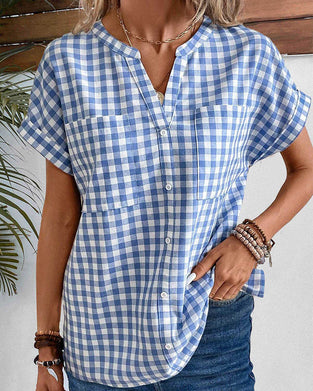 V-neck plaid print blouse