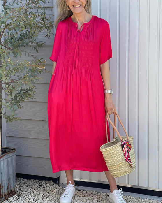 Red Pleated V-Neck Dress