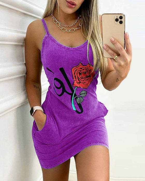 Rose print slim slip dress