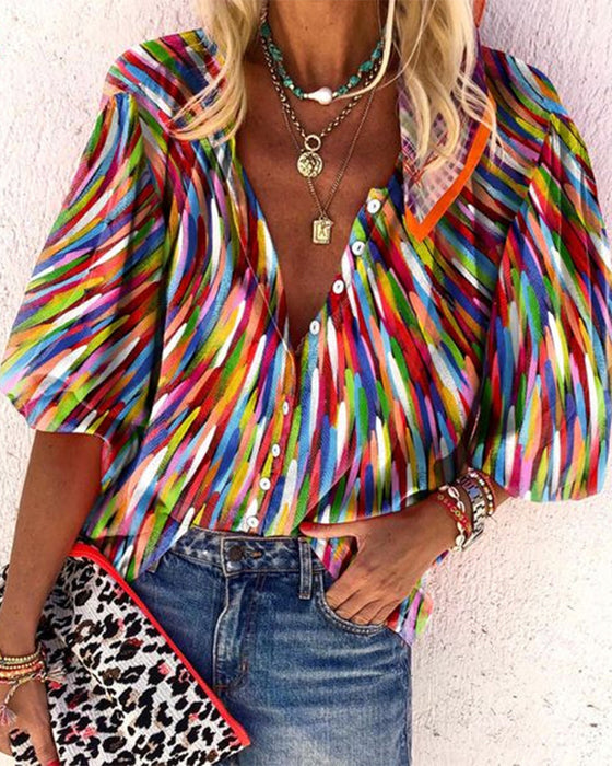 Fashionable colorful print v-neck blouse