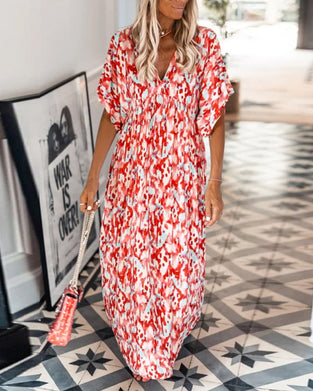 V-neck fashion print short-sleeved dress