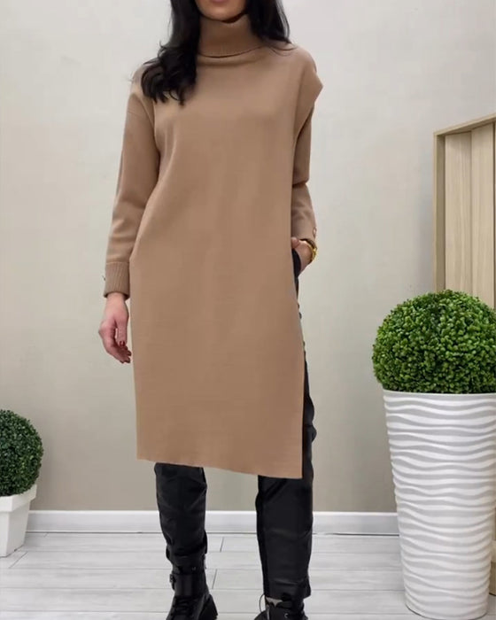 Side slit turtleneck sweater dress