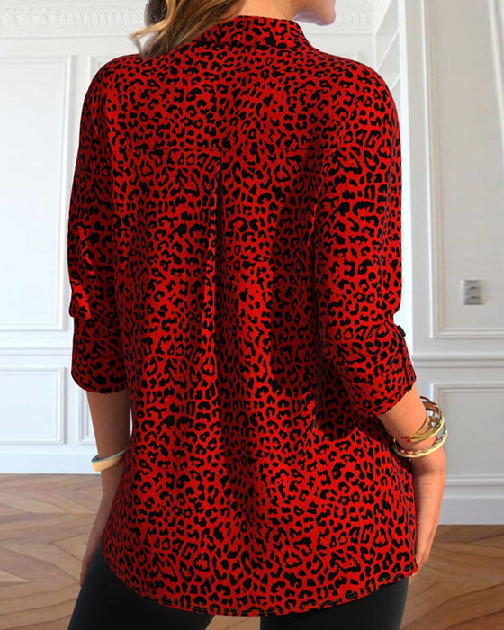 Leopard print lapel casual shirt