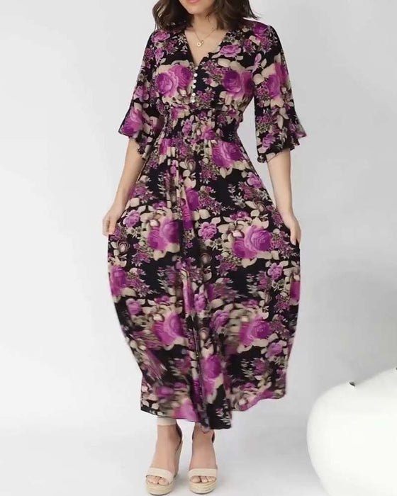 Floral Print V Neck Maxi Dress