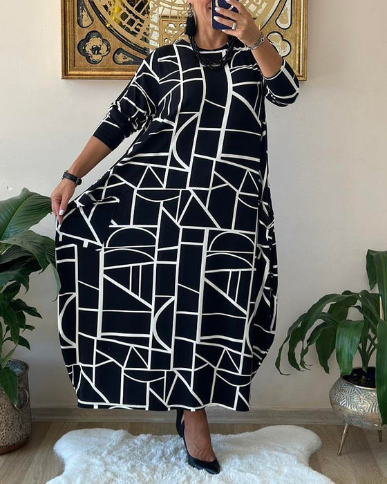 Loose Shift Dress with Pocket and Round Neck