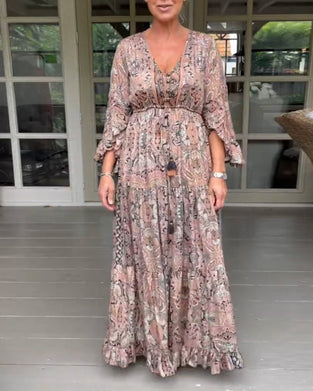 V-neck printed ruffled sleeve dress