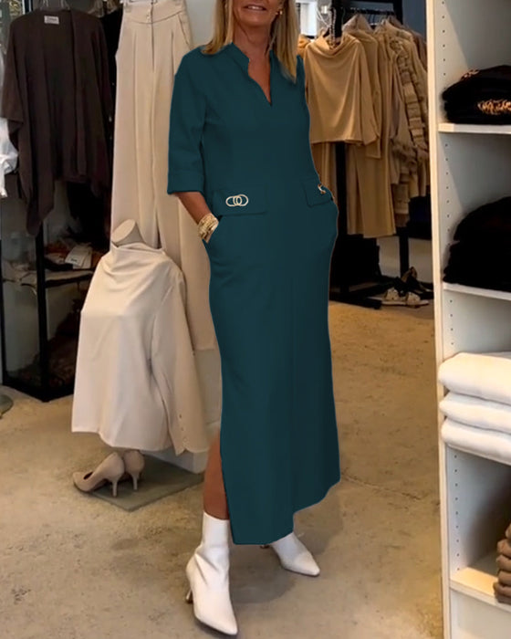 Solid color 3/4 sleeve slit dress