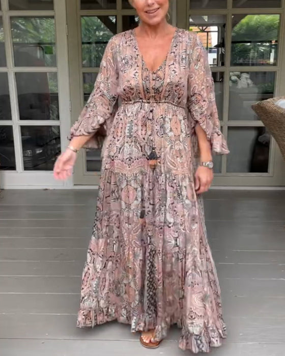 V-neck printed ruffled sleeve dress