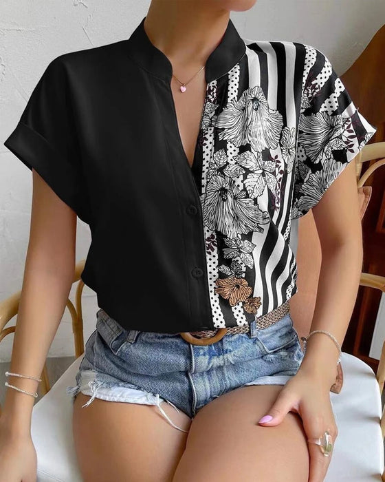Paneled floral print button short sleeve blouse