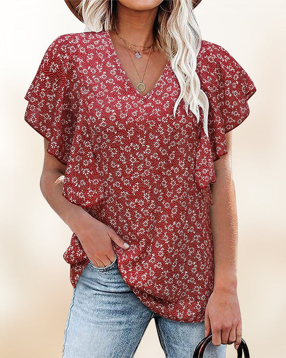 V-neck and flower print short-sleeved blouse