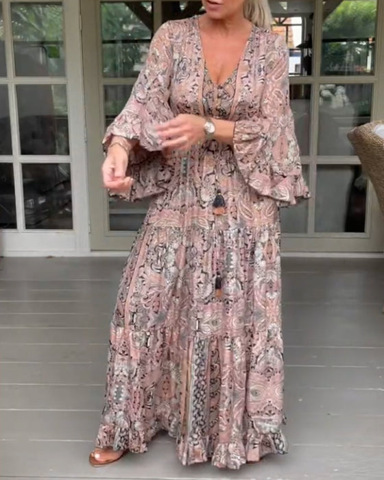 V-neck printed ruffled sleeve dress