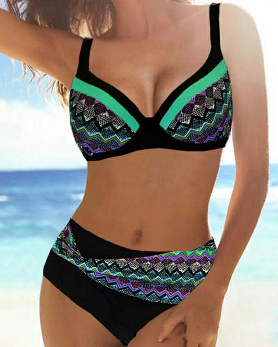 Striped print high waist push up bikini