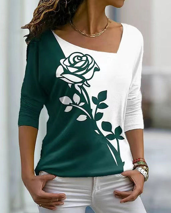 Rose Print Long Sleeve Top