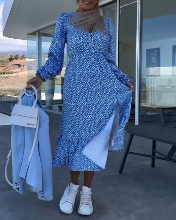 V-neck floral patchwork dressa