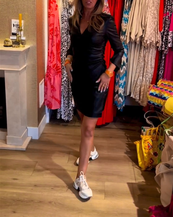 V Neck PU Bodycon Dress
