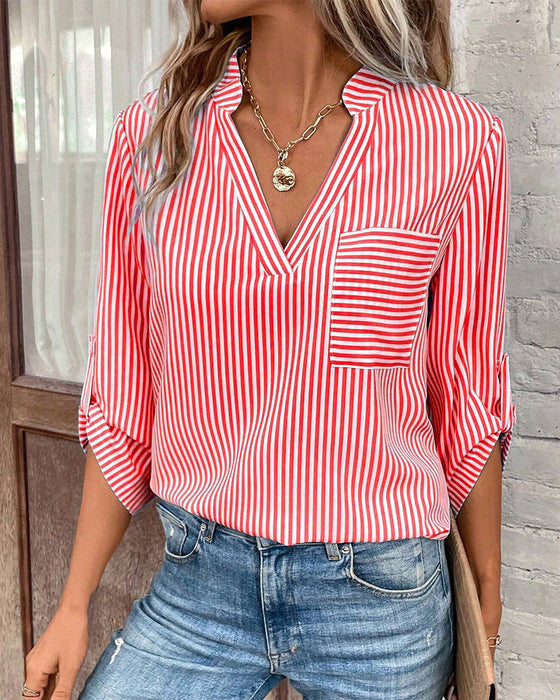 V-neck striped print casual blouse