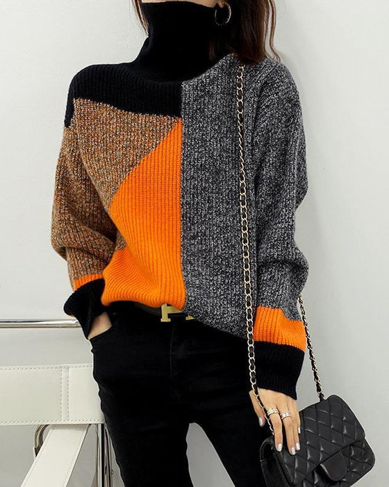 color block Pullover with High Neck