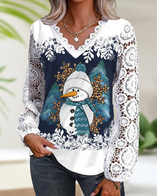 Lace snowman long-sleeve blouse