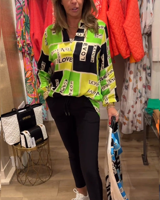 Letter print casual v-neck top