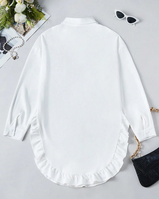 Lapel ruffled solid color shirt