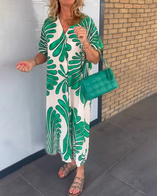 Leaf print v-neck dress
